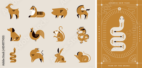 Golden Chinese horoscope zodiac collection, geometric minimalist style. Animals symbols of Chinese New year . Set of mascots: rabbit, dragon, snake, tiger, ox, rat, pig, dog, rooster, monkey, goat