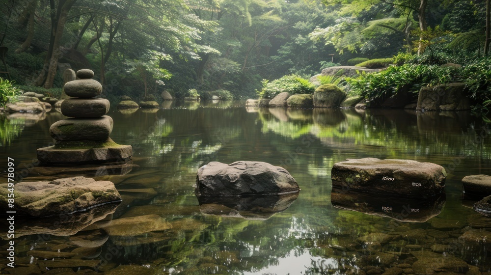 Serene Forest Pond with Balanced Stones - A peaceful forest pond with balanced stones and lush greenery reflected in the calm water, creating a tranquil and meditative scene. Serene Forest Pond with Balanced Stones - A peaceful forest pond with balanced stones and lush greenery reflected in the calm water, creating a tranquil and meditative scene.