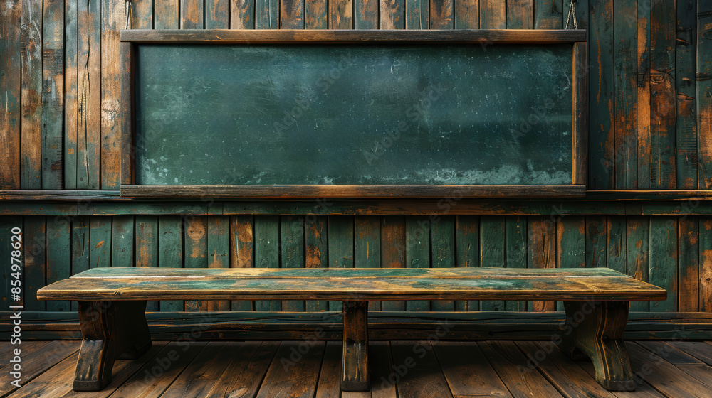 A bench sits in front of an old chalkboard in a rustic schoolhouse. A bench sits in front of an old chalkboard in a rustic schoolhouse.
