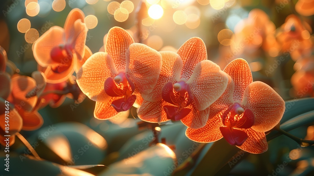 A close-up shot of vibrant orange orchids illuminated by the warm glow of the evening sun, showcasing their delicate textures and natural beauty in a serene and tranquil garden setting A close-up shot of vibrant orange orchids illuminated by the warm glow of the evening sun, showcasing their delicate textures and natural beauty in a serene and tranquil garden setting