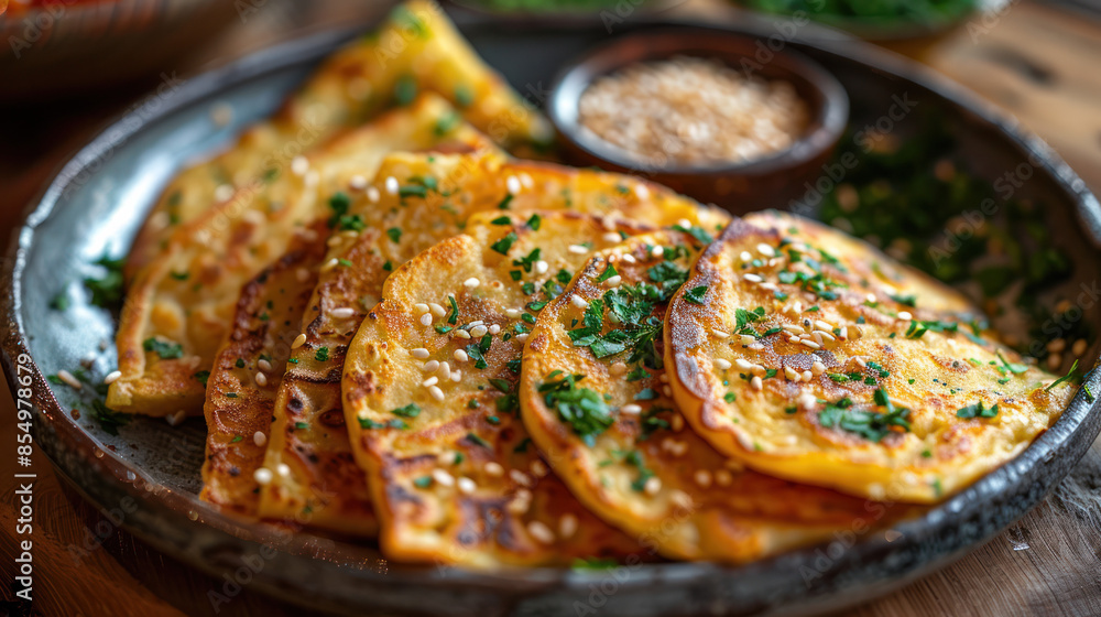 Close up photo of crispy potato pancakes topped with sesame seeds and chopped parsley Close up photo of crispy potato pancakes topped with sesame seeds and chopped parsley