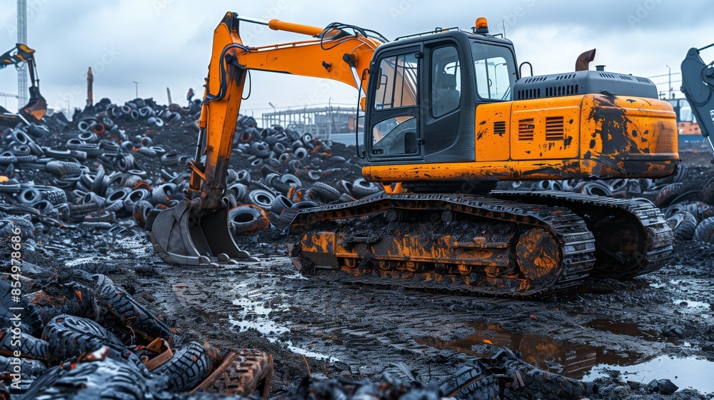 Tire recycling plant operations. An orange excavator with a grapple attachment maneuvers through a large pile of used tires at a recycling plant Tire recycling plant operations. An orange excavator with a grapple attachment maneuvers through a large pile of used tires at a recycling plant