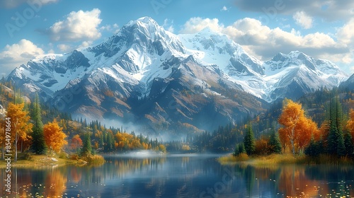 Majestic Mountain Landscape with Serene Lakes Evergreen Forests and Autumn Foliage