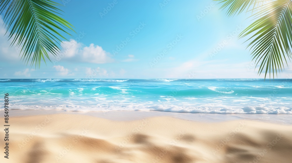 Tropical Beach with Palm Leaves and Clear Blue Sky. Sunny Seaside View with Waves and Sandy Shore Tropical Beach with Palm Leaves and Clear Blue Sky. Sunny Seaside View with Waves and Sandy Shore