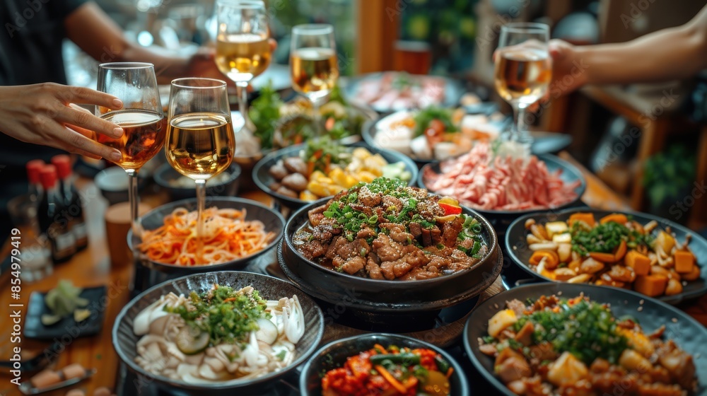 Obraz premium A table full of delicious Korean BBQ food, including bulgogi, samgyeopsal, and japchae. 