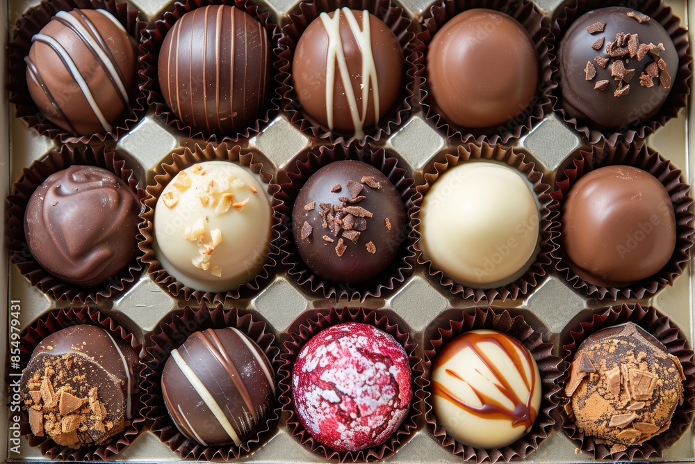 A beautifully arranged chocolate truffle selection in a gift box. A beautifully arranged chocolate truffle selection in a gift box.