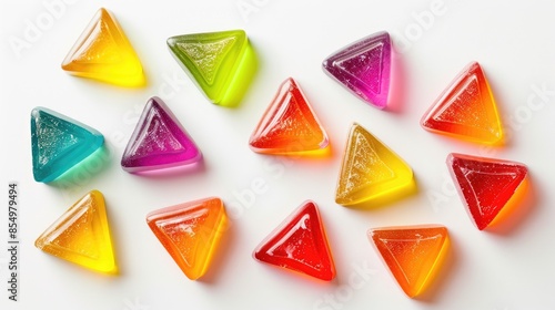 Triangle shaped candies in various colors on white background © TheWaterMeloonProjec