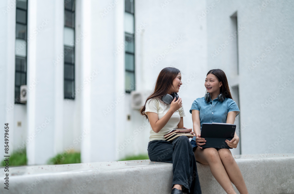 Two young women sitting on a wall, one of them holding a tablet Two young women sitting on a wall, one of them holding a tablet