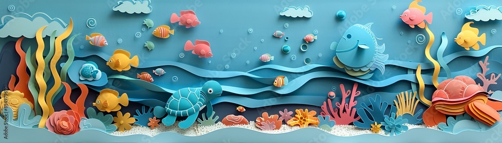 Naklejka premium A vibrant underwater scene featuring paper art fish, a turtle, and coral in a colorful ocean setting.
