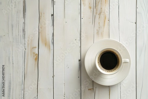 Cup of coffee on a white wooden background.