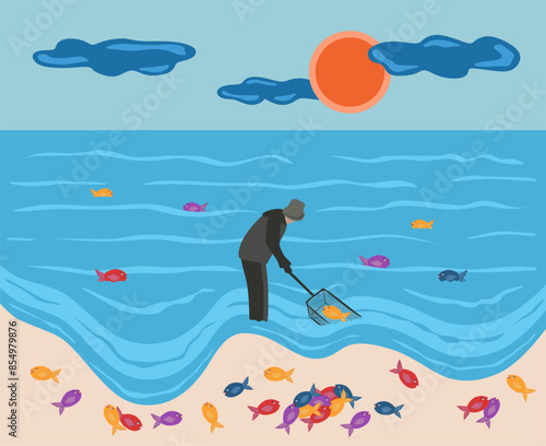 Throwing fishing net during sunrise. Man with black landing net looking for fish on a Baltic sea. A lot of fishes on a sandy Baltic beach. Sun and clouds. Flat vector design. Sunlight