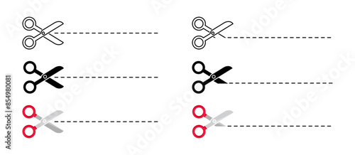 Open scissors line icon set. Red scissors symbol. Cut it sign. Cut line illustration.