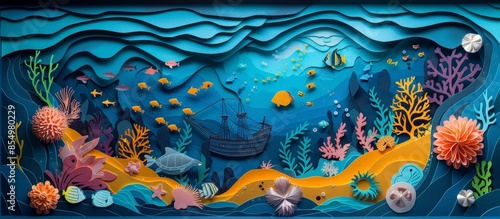 Vibrant paper art depicting an underwater scene with coral reef, various fish, and a shipwreck in a colorful and detailed design.