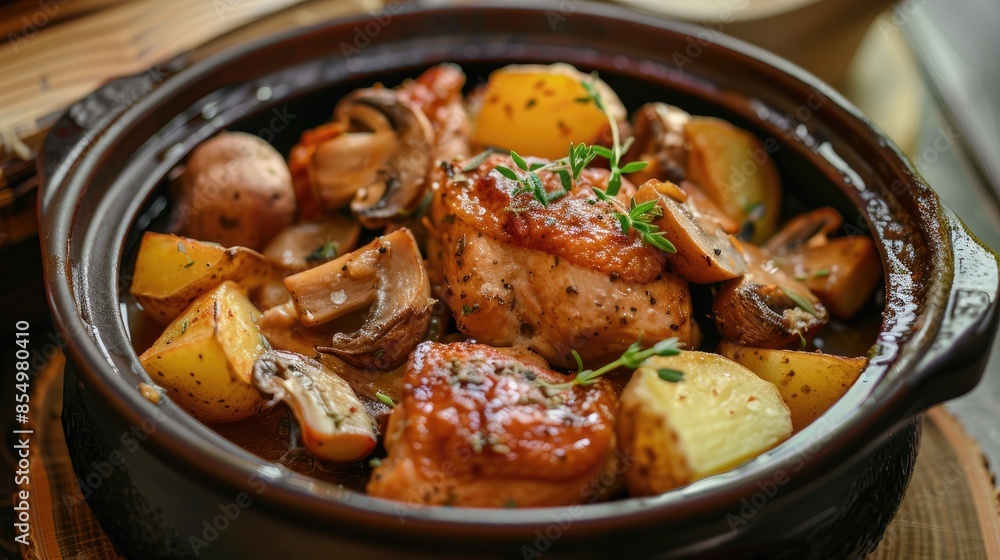 Rustic clay pot meal Chicken mushrooms and potatoes Rustic clay pot meal Chicken mushrooms and potatoes