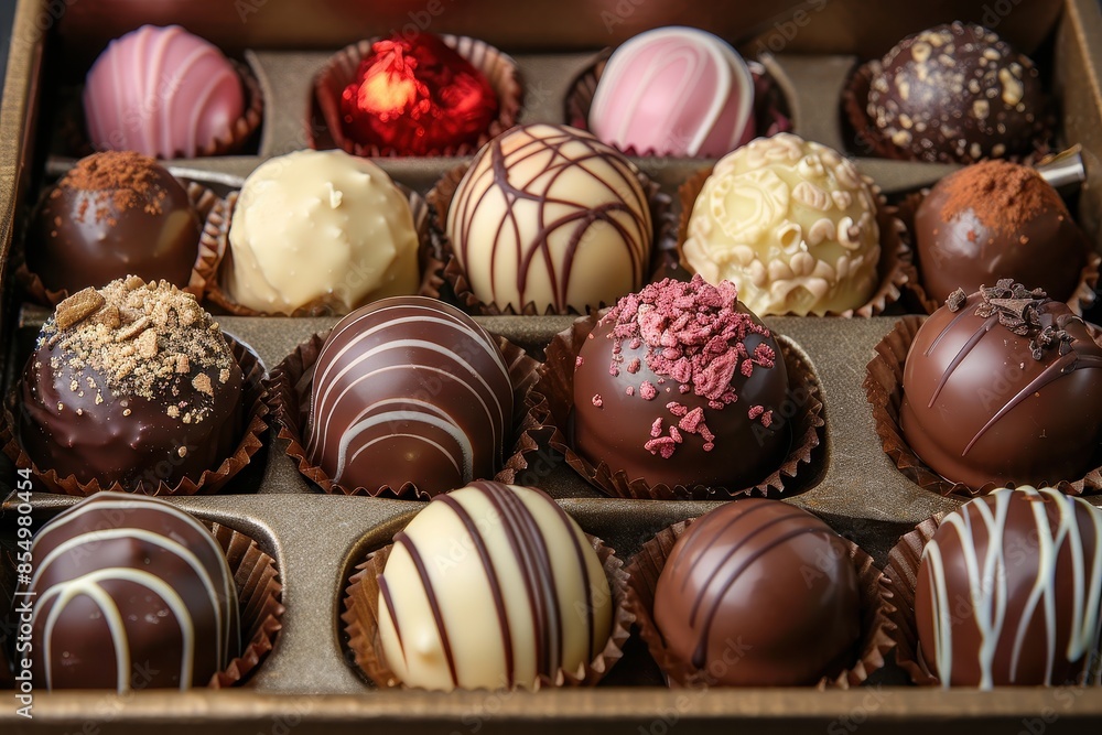 A beautifully arranged chocolate truffle selection in a gift box. A beautifully arranged chocolate truffle selection in a gift box.