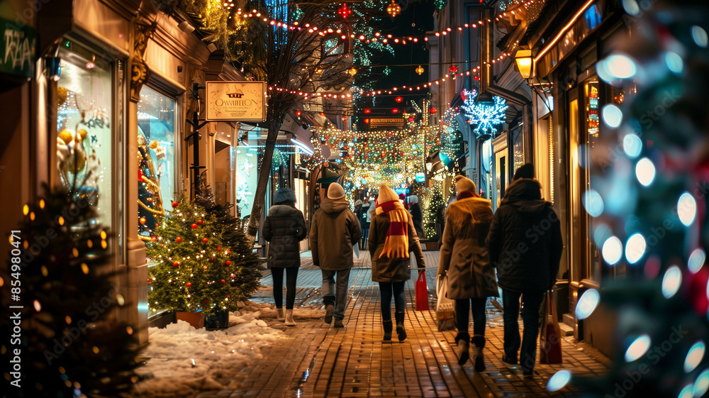 Shoppers walking down a festive street lined with shops and holiday lights, holiday illumination, Shoppers walking down a festive street lined with shops and holiday lights, holiday illumination,