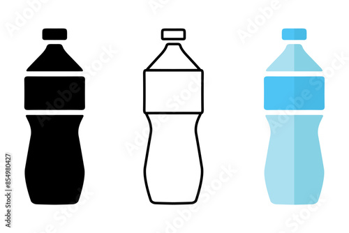 Plastic bottle icon set. Blue water bottle illustration. Bottled beverage symbol.