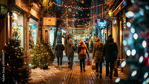 Shoppers walking down a festive street lined with shops and holiday lights, holiday illumination,