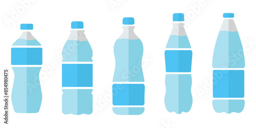 Plastic bottle icon set. Blue water bottles type illustration. Bottled beverage symbol.