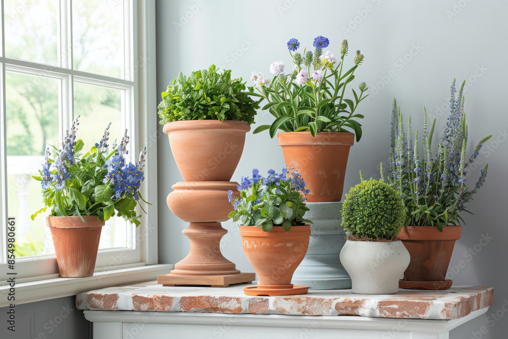 Potted plants are arranged on a windowsill near a window. The plants include herbs, flowers, and a small shrub, and are all in terracotta pots Potted plants are arranged on a windowsill near a window. The plants include herbs, flowers, and a small shrub, and are all in terracotta pots