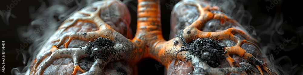 Detailed 3D Rendering of Lung Tissue Clogged with Tar and Carcinogens from Cigarette Smoke Detailed 3D Rendering of Lung Tissue Clogged with Tar and Carcinogens from Cigarette Smoke
