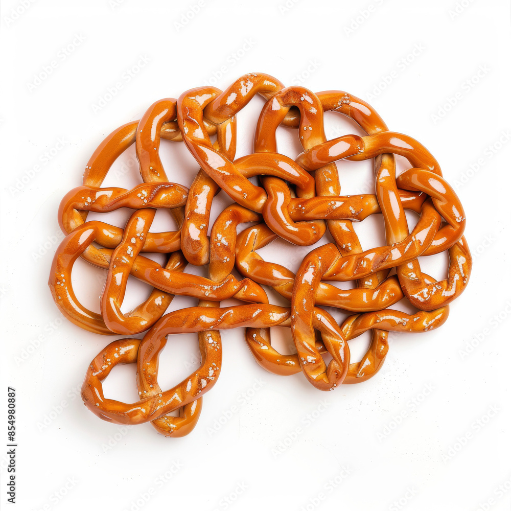 a brain made from twisted pretzels. The intricate, intertwined pretzel loops mimic the complex structure of the brain, representing the feeling of stress and tension. a brain made from twisted pretzels. The intricate, intertwined pretzel loops mimic the complex structure of the brain, representing the feeling of stress and tension.