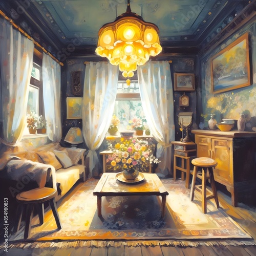 Cozy Bright Living Room with Wooden Beams, Soft Sofa and Natural Light – Warm Cottage Interior Illustration