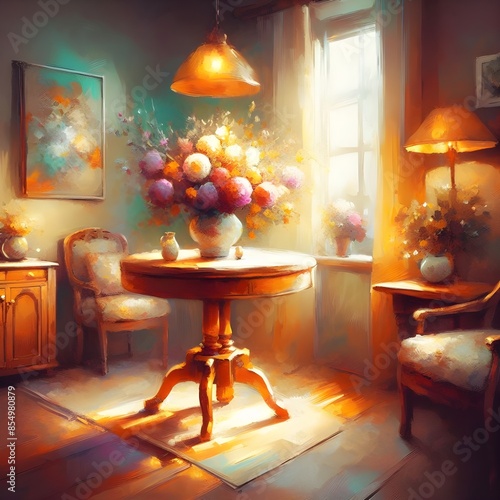 Cozy Bright Living Room with Wooden Beams, Soft Sofa and Natural Light – Warm Cottage Interior Illustration