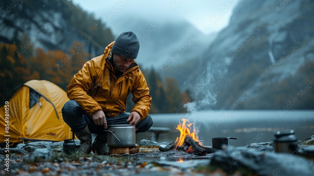 An adventurous traveler in a bright yellow jacket prepares food on a small campfire beside a serene mountain lake. An adventurous traveler in a bright yellow jacket prepares food on a small campfire beside a serene mountain lake.