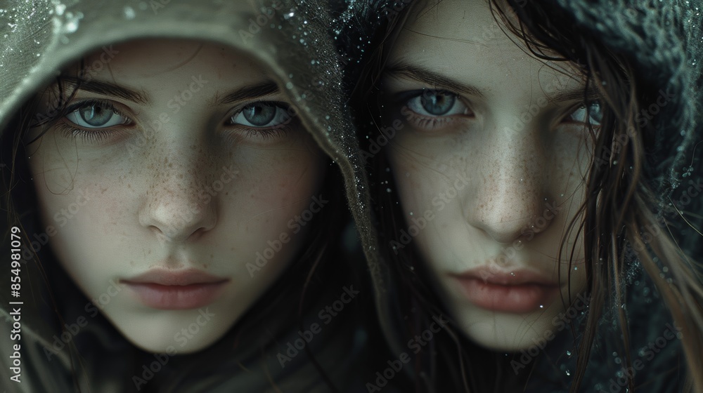 Two individuals wearing hooded cloaks look intensely into the camera, with water droplets on their hoods and faces, conveying an intense and compelling atmosphere Two individuals wearing hooded cloaks look intensely into the camera, with water droplets on their hoods and faces, conveying an intense and compelling atmosphere