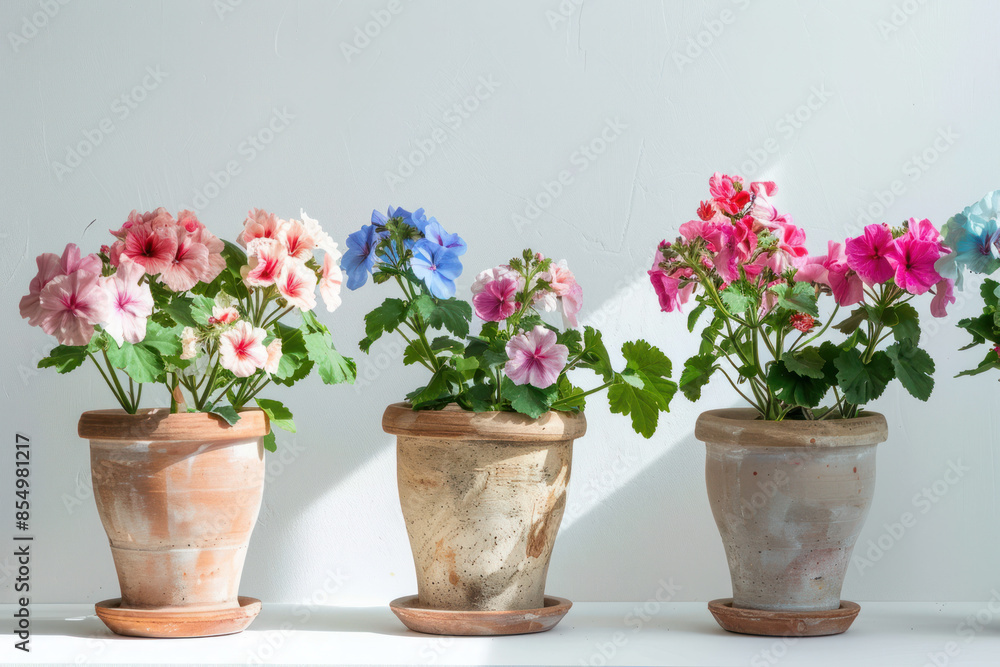 Geranium plants with pink, blue, and white flowers are in terracotta pots on a white windowsill Geranium plants with pink, blue, and white flowers are in terracotta pots on a white windowsill