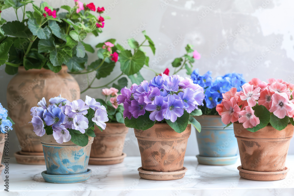 Fototapeta premium A collection of potted flowers, with blue, pink, and purple blooms, sit in terracotta pots with decorative details on a white marble countertop