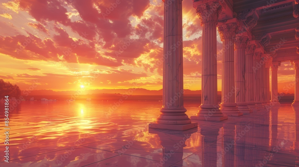 Fototapeta premium Ancient temple with marble columns, sunset backdrop, panoramic view, vibrant orange and pink sky, ethereal glow, majestic and serene, architectural grandeur, peaceful dusk