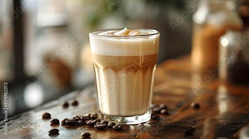 Delicious Latte Macchiato in a Glass on Wooden Table with Coffee Beans in Cozy CafÃ© Setting