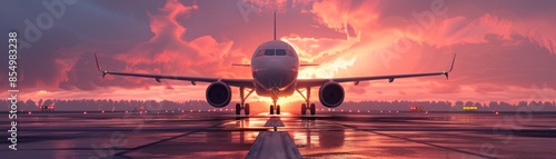 Airplane on a runway with a vibrant sunset background