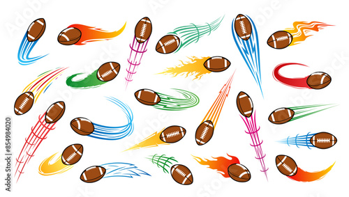 Vector colorful flying american football balls with motion trails