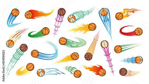 Vector colorful flying basketball balls with motion trails