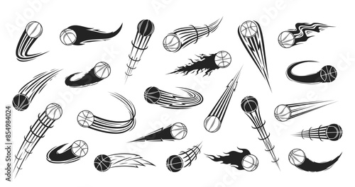 Vector black and white flying basketball balls with motion trails