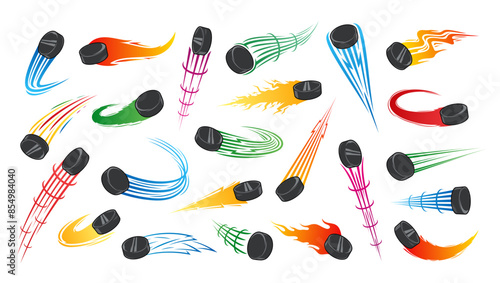 Vector colorful flying ice hockey pucks with motion trails