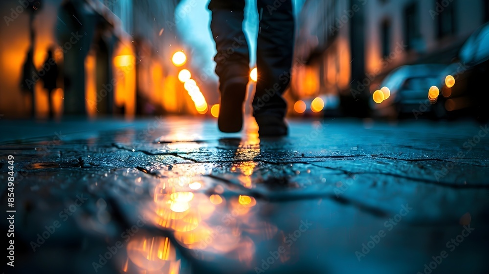 Obraz premium Solitary Figure Navigates Moody Urban Alley at Night