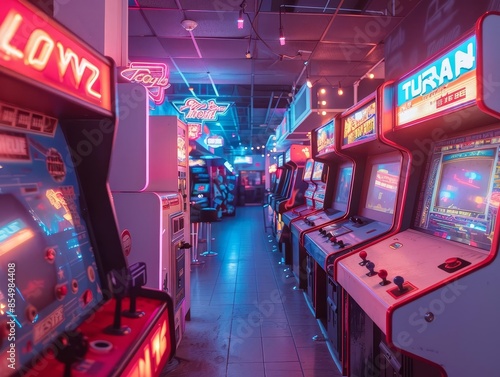 Retro arcade with neon lights and classic game machines, capturing the lively spirit of the 80s photo