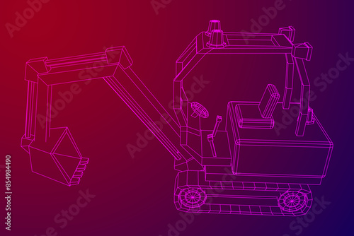 Heavy equipment excavator machine manufacturing power equipment for open pit mining. Wireframe low poly mesh vector illustration