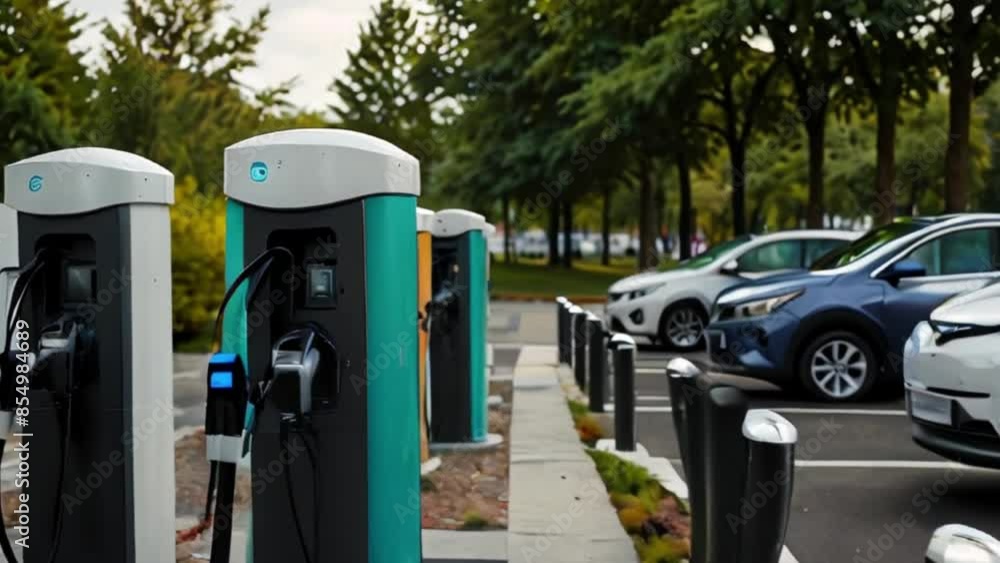 Row of Electric Vehicle Charging Stations with Cars Parked Stock 비디오 ...