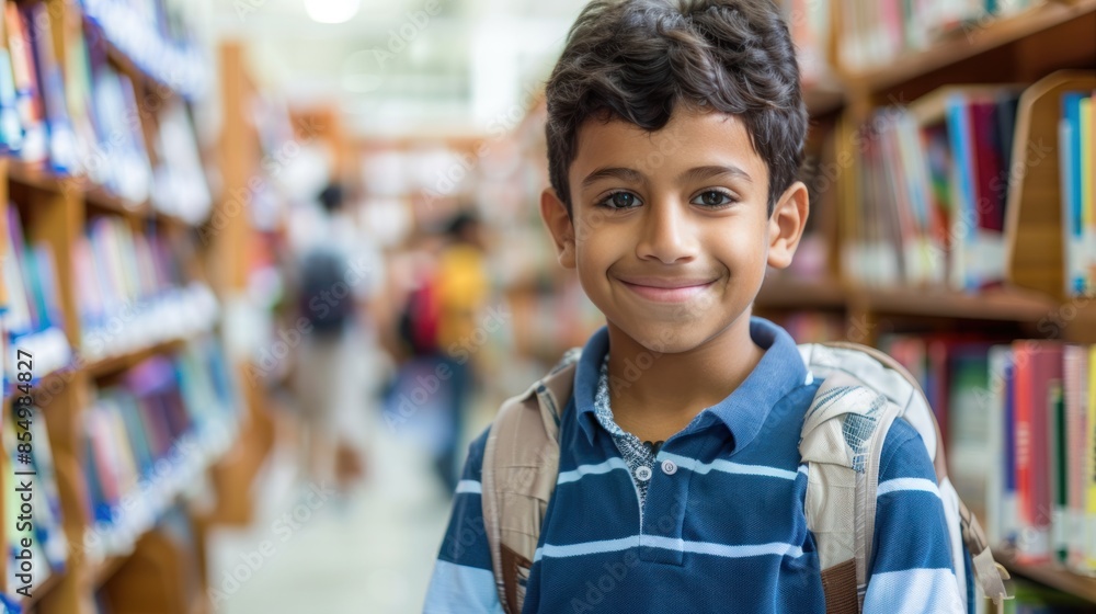 A Young elementary school student carrying a backpack and standing in the library, background of bookshelves at school A Young elementary school student carrying a backpack and standing in the library, background of bookshelves at school