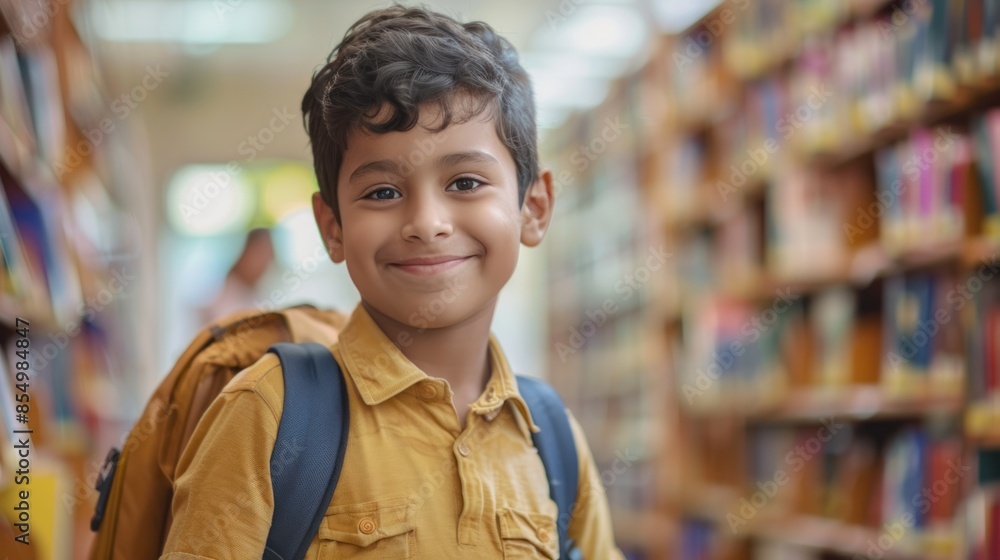 A Young elementary school student carrying a backpack and standing in the library, background of bookshelves at school A Young elementary school student carrying a backpack and standing in the library, background of bookshelves at school
