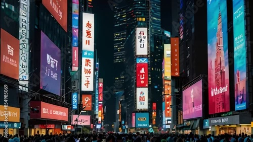 Nighttime View of Times Square in New York City with Brightly Lit Billboards