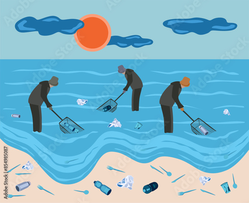 People cleaning sea and collects garbage from the water with a net. Volunteer polluted ocean water cleanup. The person is removing trash and waste from the lake. Urban eco pollution vector