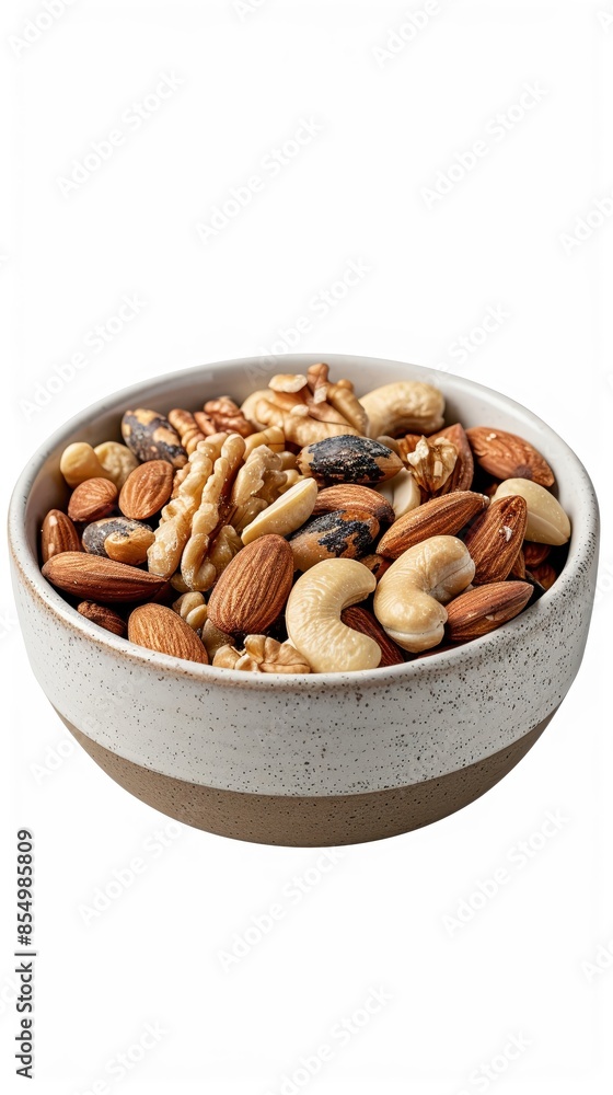 A bowl of mixed nuts, isolated on a white background, studio lighting to highlight the variety and texture, ideal for healthy snack advertising A bowl of mixed nuts, isolated on a white background, studio lighting to highlight the variety and texture, ideal for healthy snack advertising