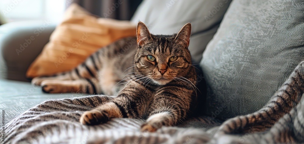 Obraz premium A cat is laying on a bed with the word cat on the front.