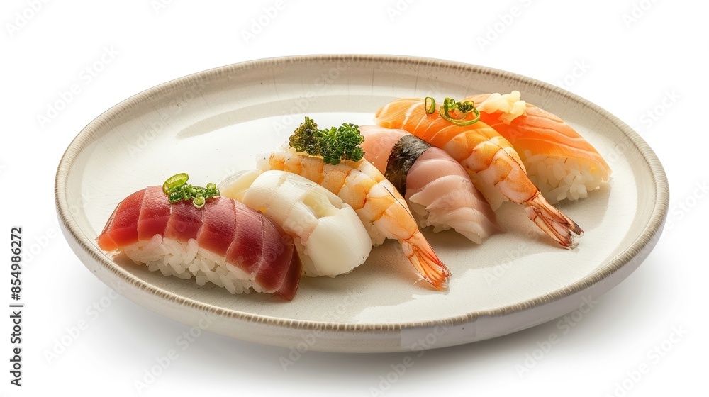 A plate of sushi nigiri, isolated on a white background, studio lighting to emphasize the fresh fish and perfectly seasoned rice A plate of sushi nigiri, isolated on a white background, studio lighting to emphasize the fresh fish and perfectly seasoned rice